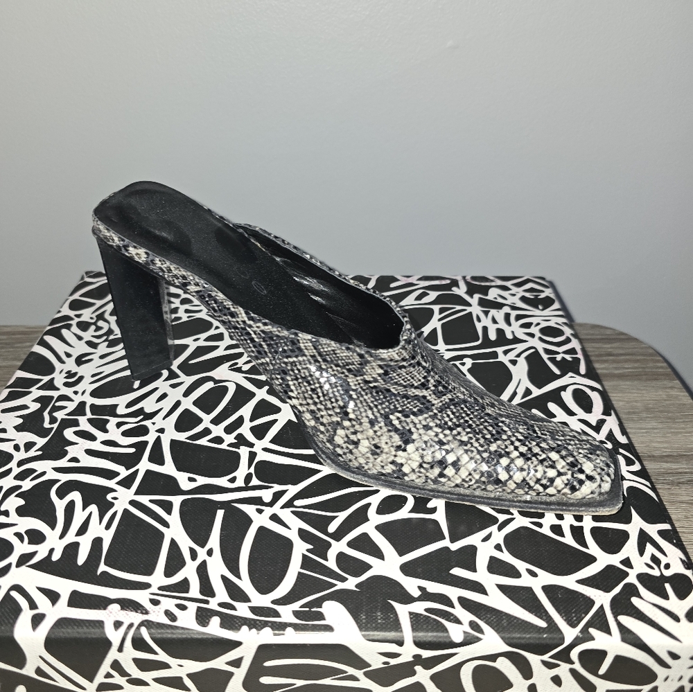 Bebe Women's Black and Gray Snakeskin Heeled Mules